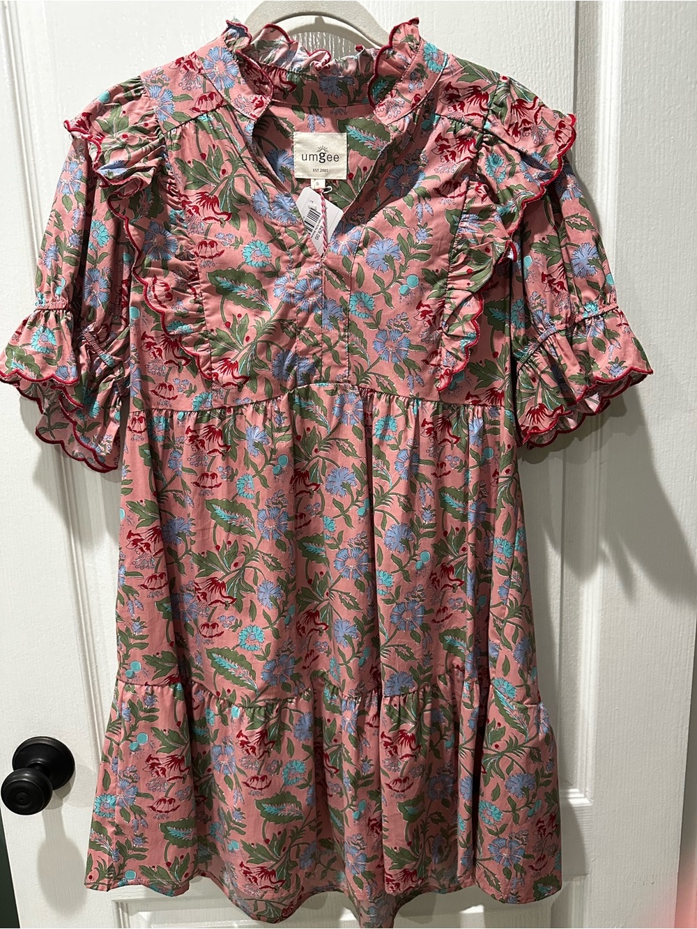 Umgee Pink Floral Ruffle Tiered Dress with Blue & Green Accents